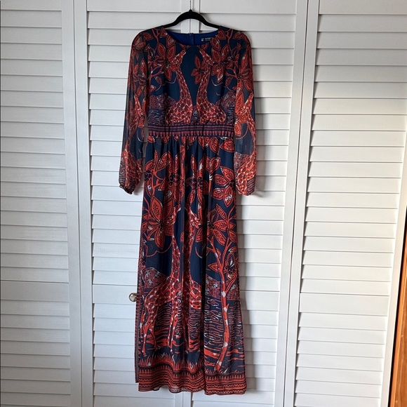 Elegant Floral Orange and Blue Dress - Picture 3 of 7